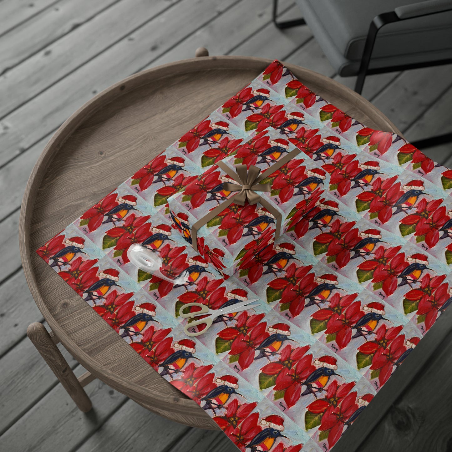 Holiday Hummingbird with Santa Hat and Poinsettias (3 Sizes) Wrapping Papers