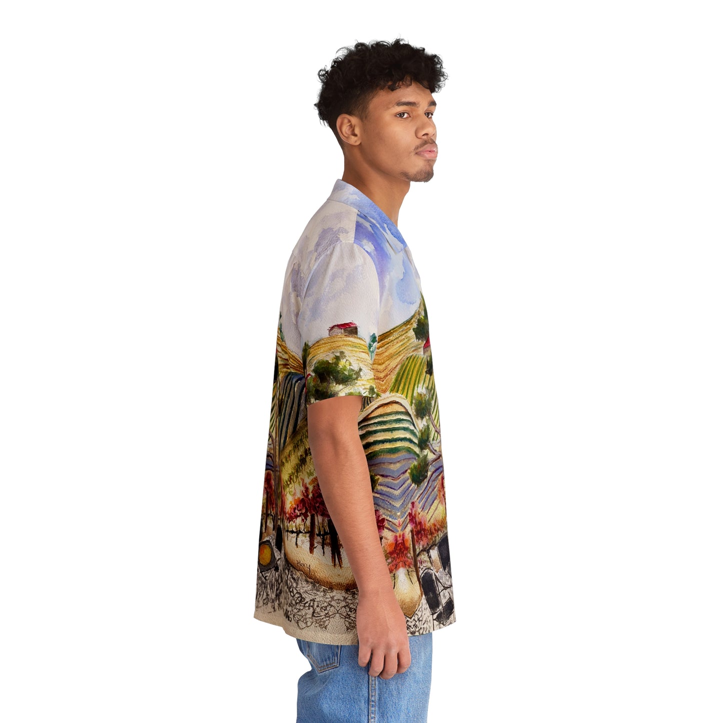 Vista al patio en Gershon Bachus Vintners GBV Camisa hawaiana para hombre