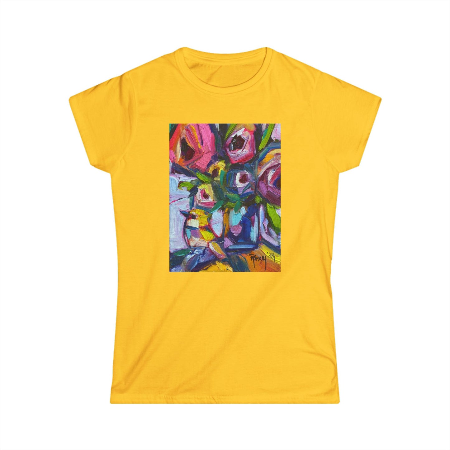 Abstract Roses and Yellow Bird Women's Softstyle  Semi-Fitted Tee