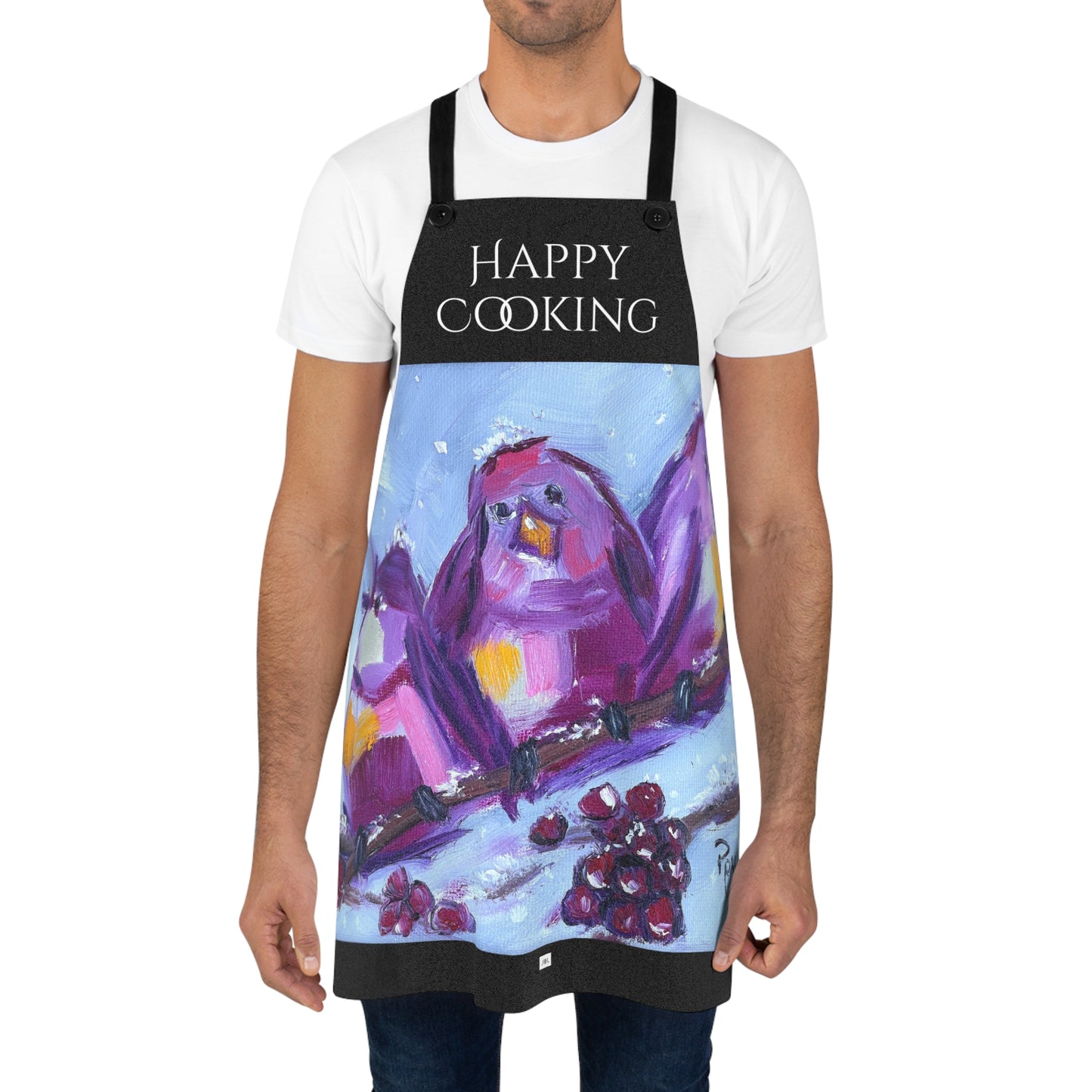 Apron-Three Whimsical Chirpy Birds on a Snowy Branch-"Happy Cooking"