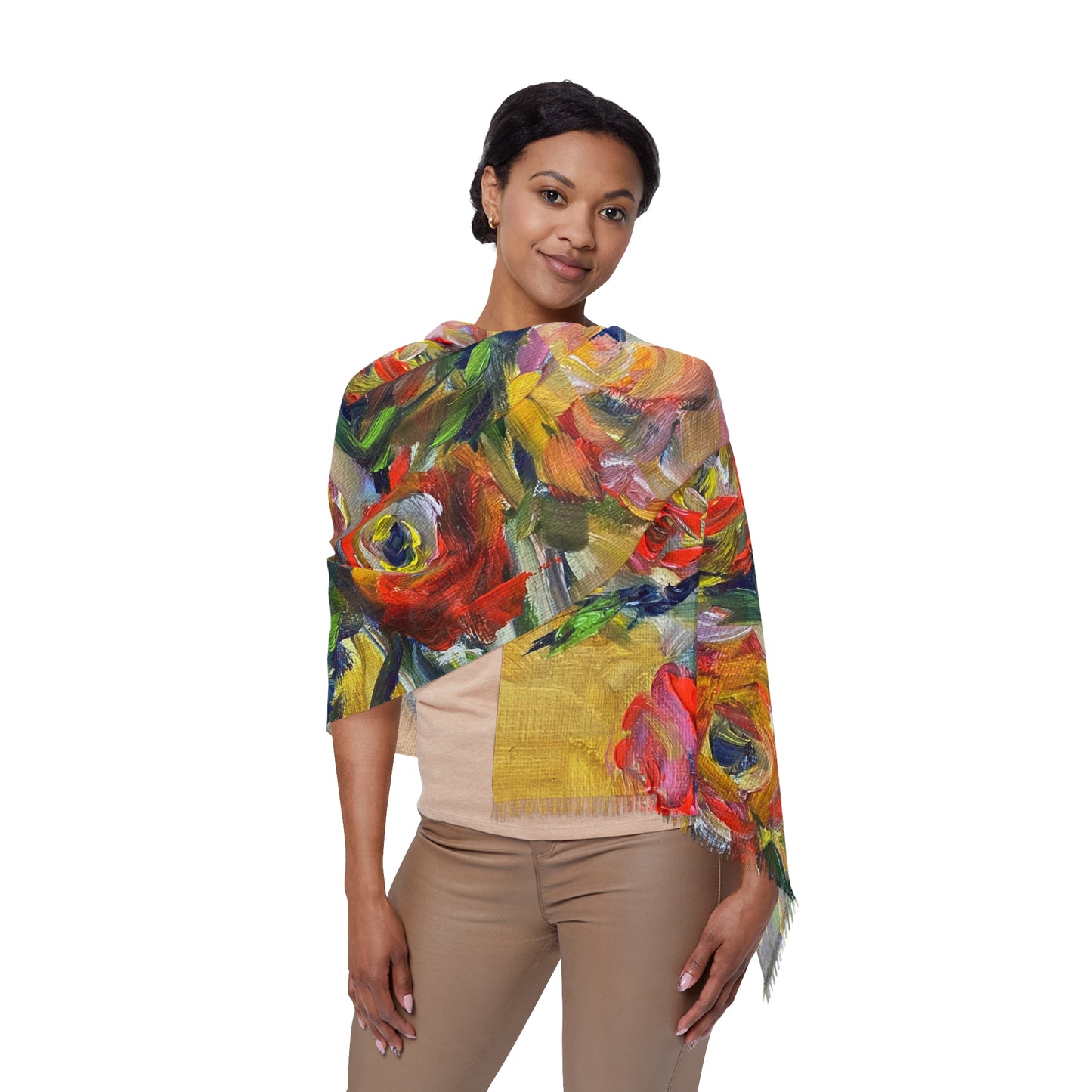 Colorful Scarf — Artistic Lightweight Neck Wrap- Roses and Ranunculas
