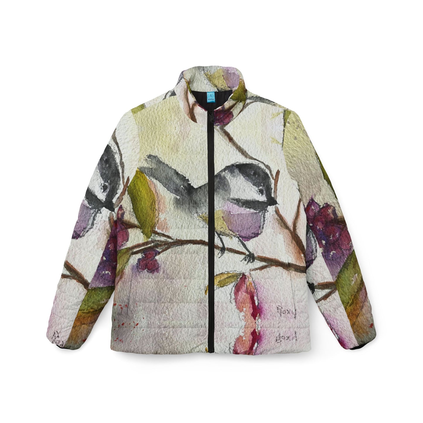 Women's Puffer Jacket - Roxy Rich Fine Art Design-Chickadee in a Berry Tree