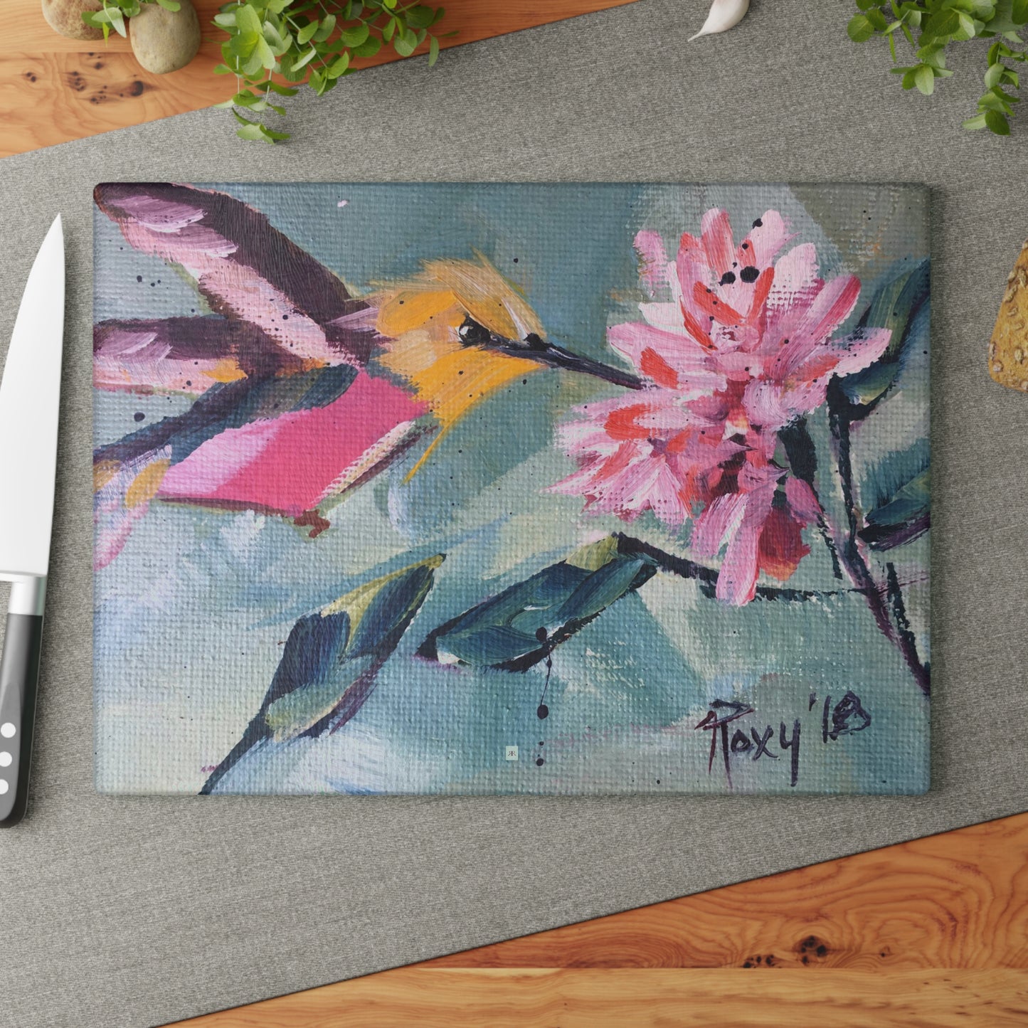 Pink Hummingbird Glass Cutting Board