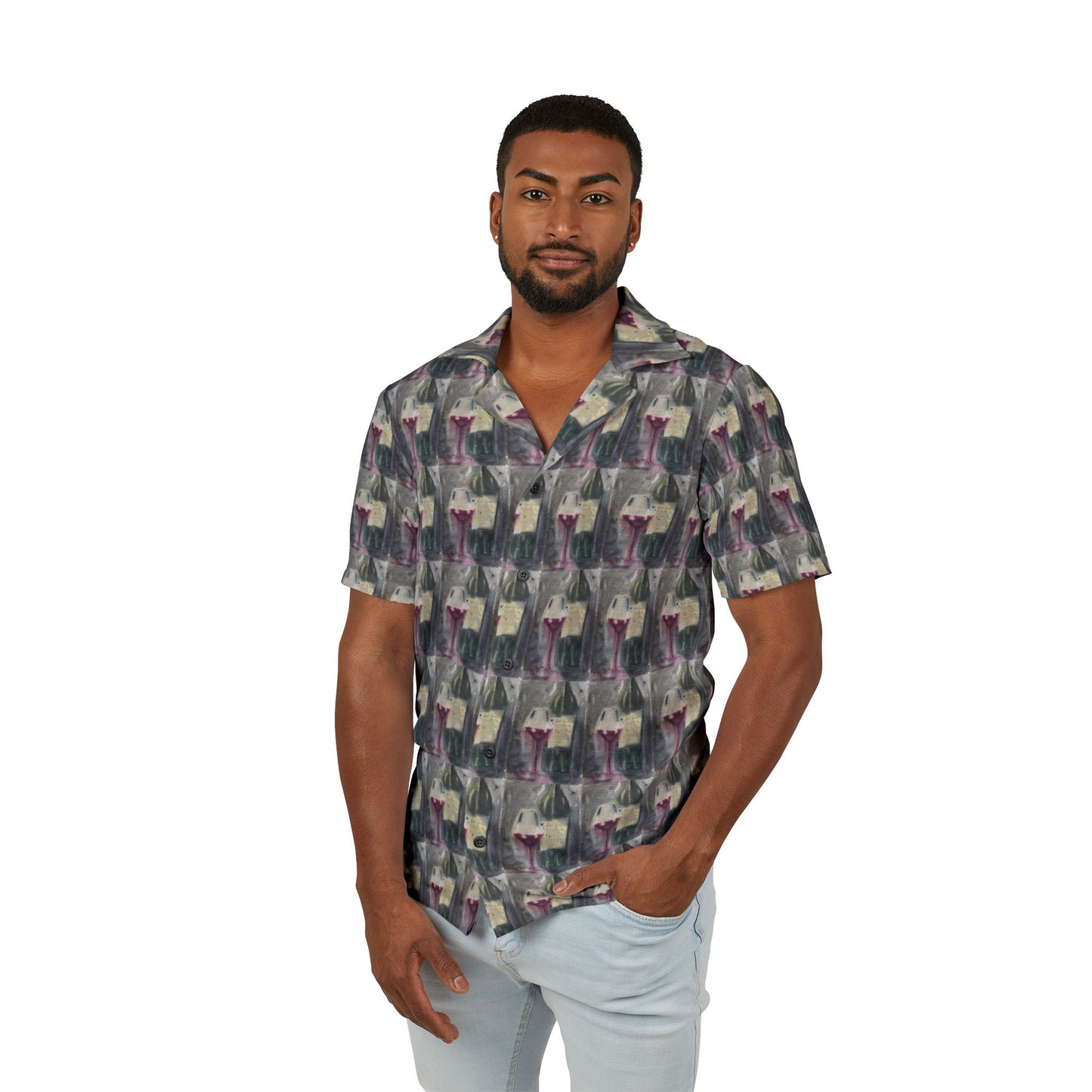 Men's European Fit Hawaiian Camp Shirt -Wine & Clique Glass -GBV