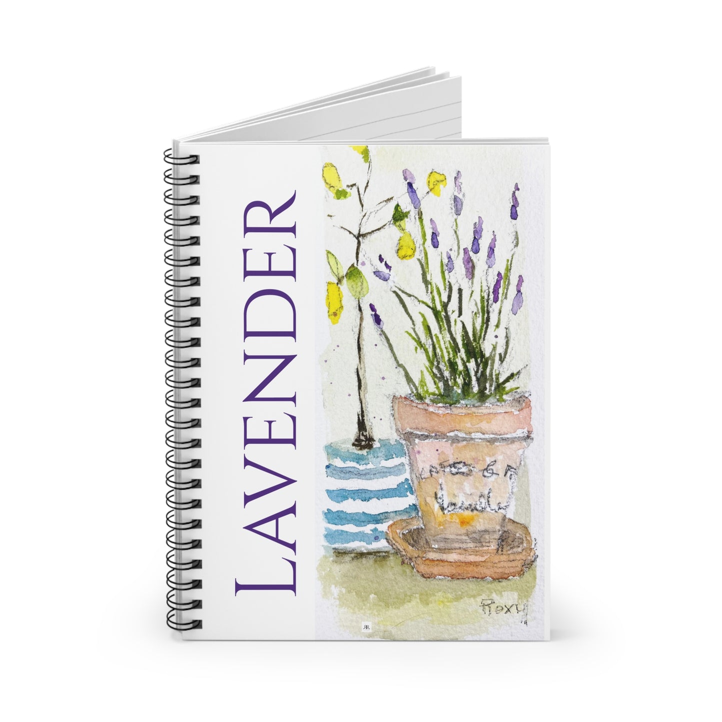 Lavanda - Pintura original de limones florales sueltos y flores de lavanda impresa en un cuaderno en espiral - Forrado con rayas - Regalo para mamá amiga y estudiante