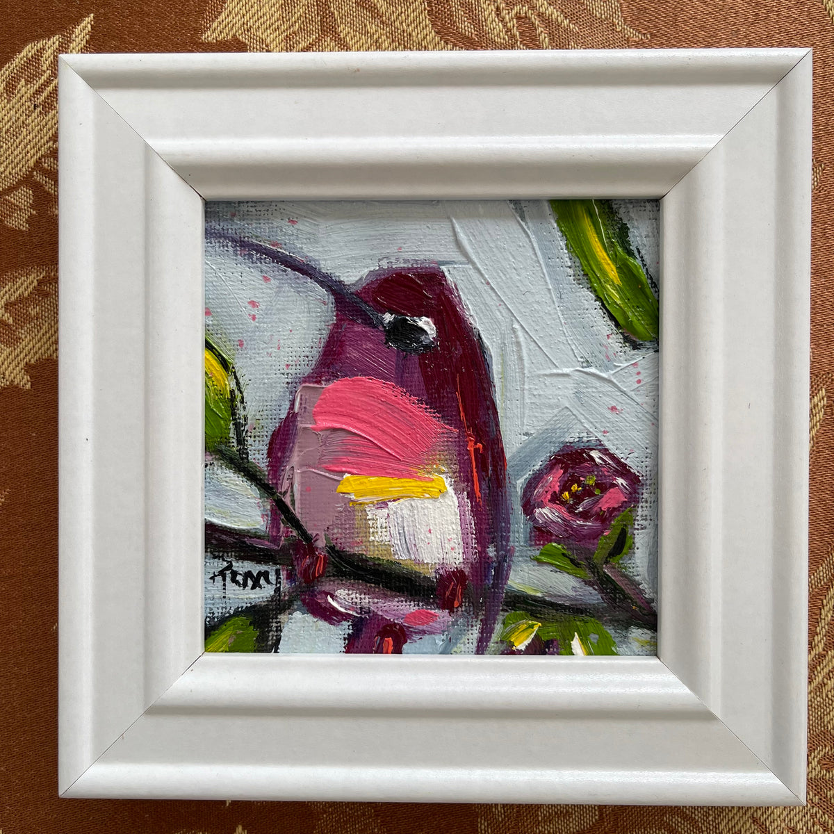 Colorful Hummingbird #1 Original Oil Painting 4x4 Framed