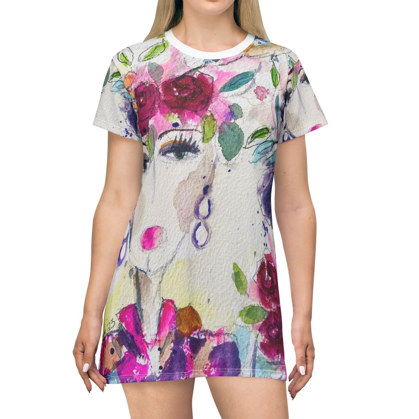 T-Shirt Dress (AOP)-Haute Couture Hummingbird