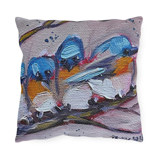 Almohadas para exteriores con pájaros azules abrazados