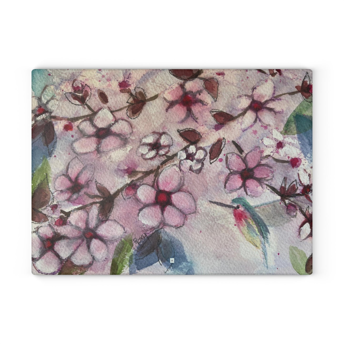 Hummingbird in Cherry Blossoms-Glass Cutting Board