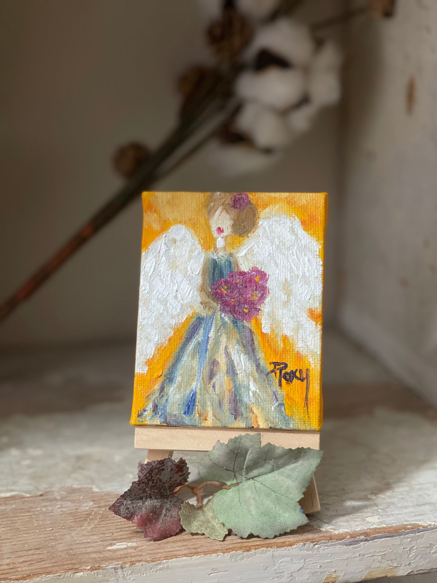 Tournesol joyeux dans une peinture à l’huile miniature originale de pichet rouge avec support