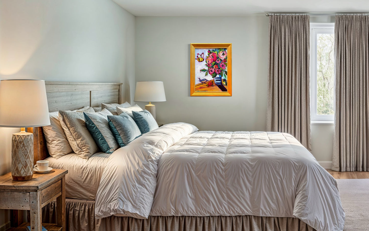 Bee Blooms-Original Oil Bee and Rose Blooms Painting Framed