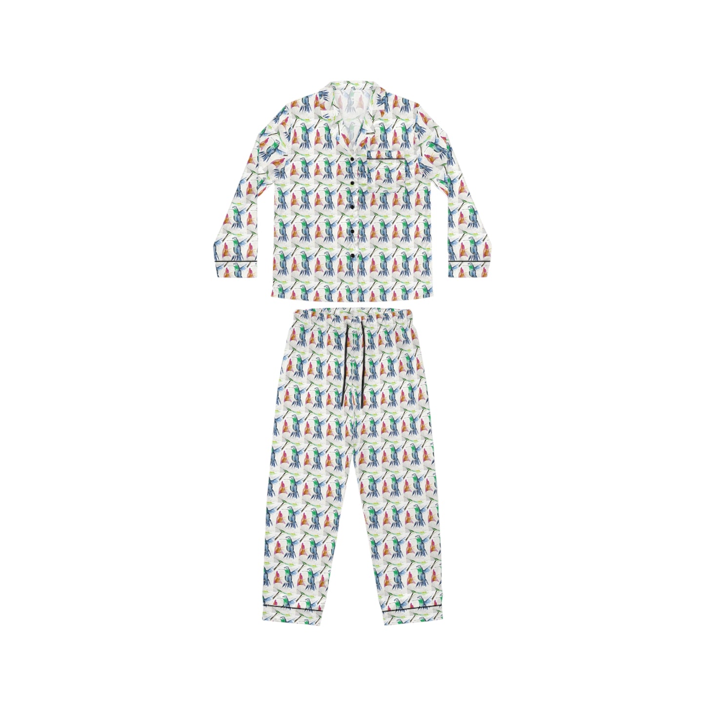 Satin Pajamas — Luxurious Silky Sleepwear Set-Floaty Blue Hummingbird