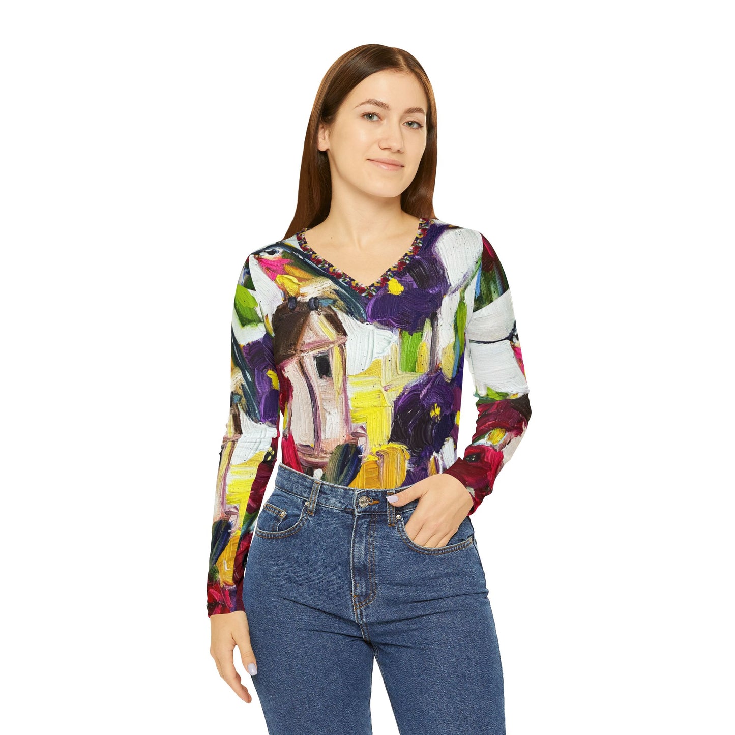 Long Sleeve Shirt-Hummingbird by the Window- V-neck Women's