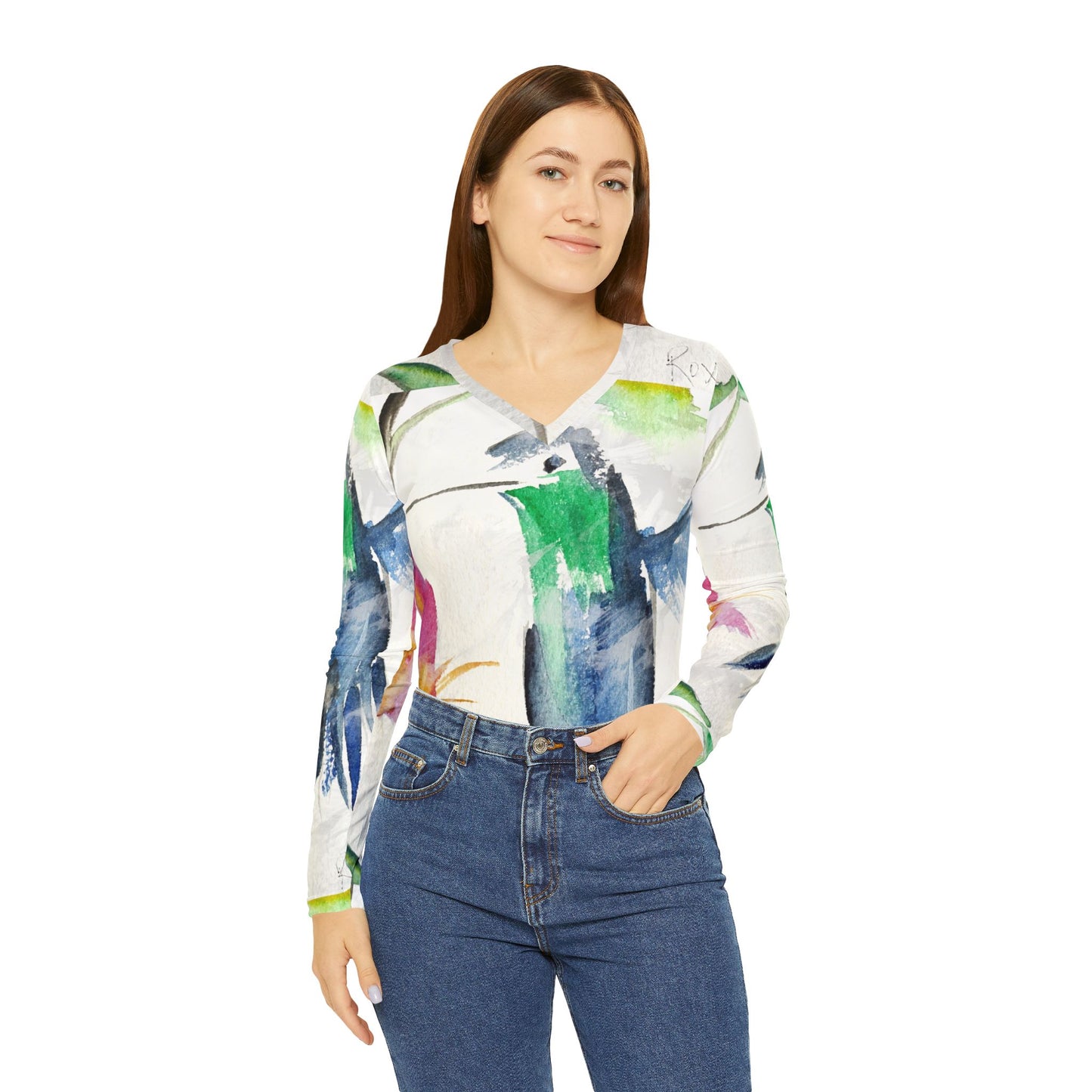 Long Sleeve Shirt-Floaty Blue Hummingbird- V-neck Women's