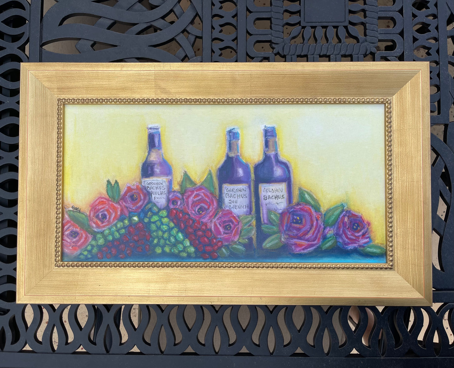 Gershon Bachus Vin et Roses-Peinture pastel à l’huile originale 10 x 20 encadrée
