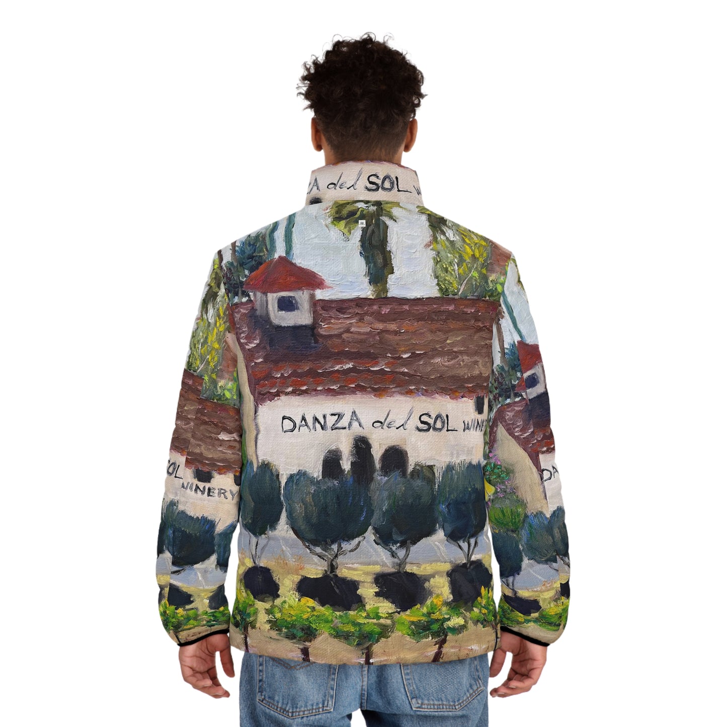 Men's Puffer Jacket - Roxy Rich Art, Unique Bright Colors-Danza Del Sol Winery