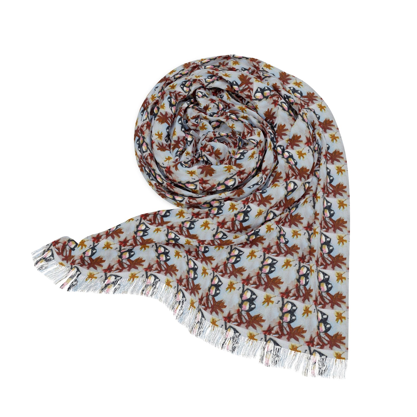 Colorful Scarf — Artistic Lightweight Neck Wrap- Chickadees in a Maple Tree