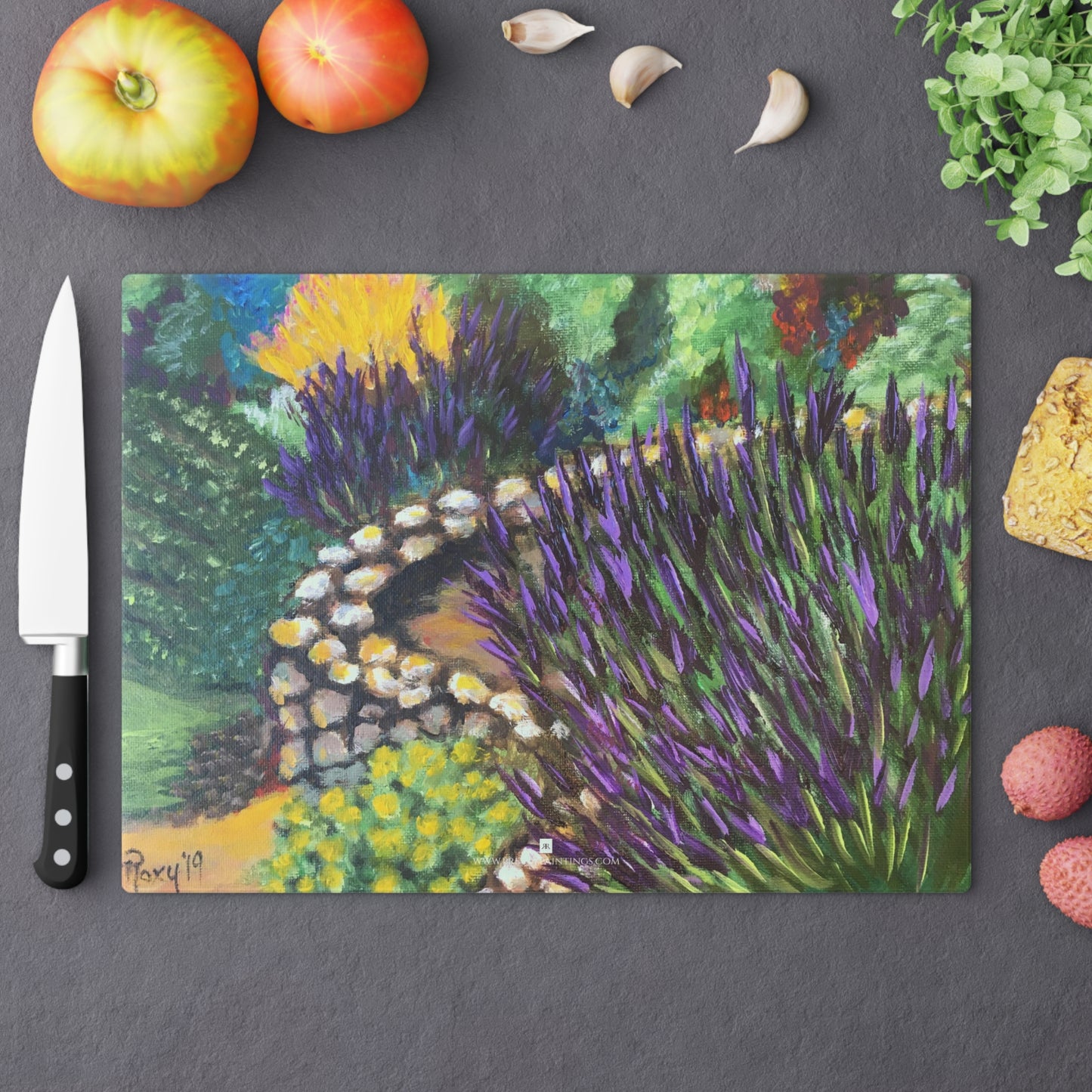Lavender Garden Glass Cutting Board