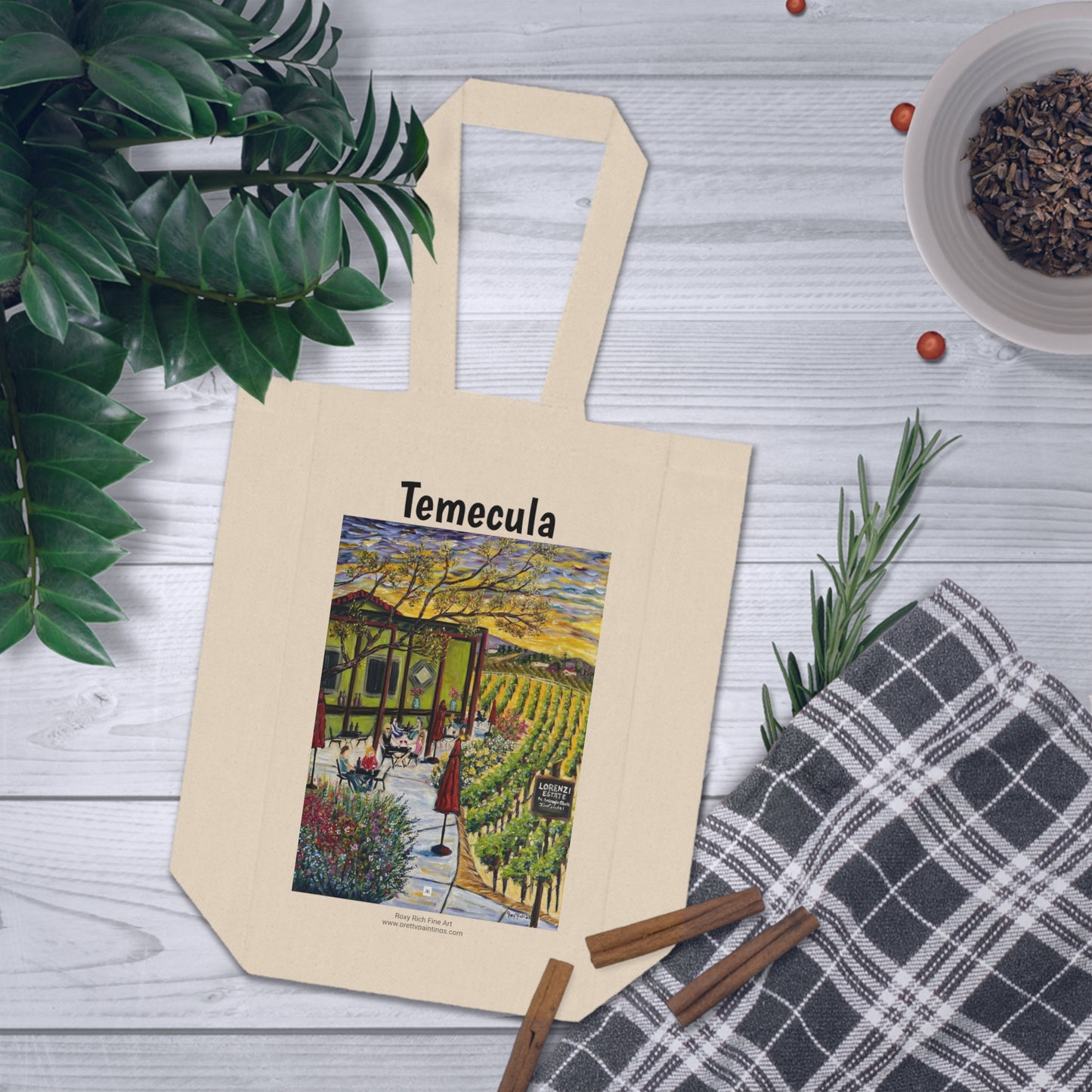 Temecula Double Wine Tote Bag featuring "Lorenzi Estate Terrace" painting