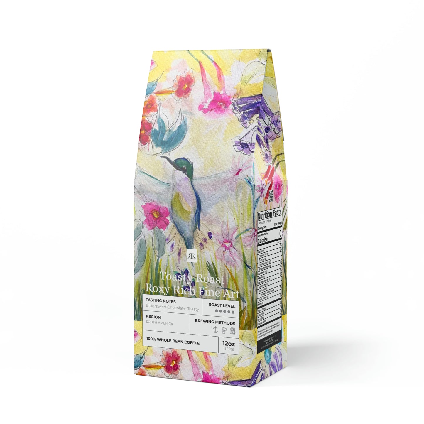 Colibrí en un jardín de flores en tubo: café tostado tostado, bolsa de 12,0 oz