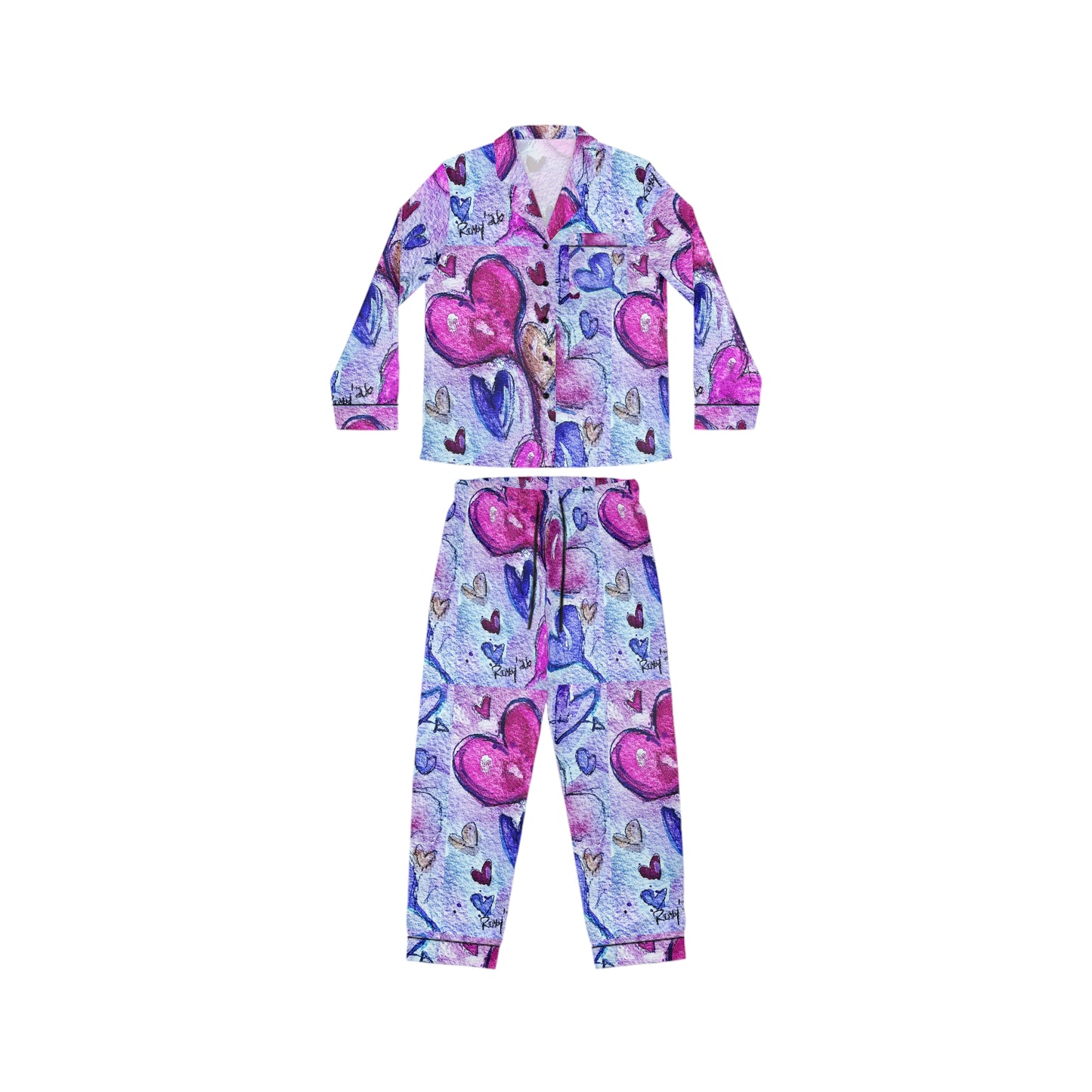 Satin Pajamas — Luxurious Silky Sleepwear Set- Floating Hearts Parade-Valentine Anniversary Wedding