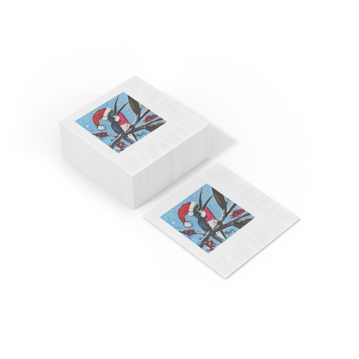 Merry and Bright Holiday Hummingbird with Santa Hat-White Coined Napkins