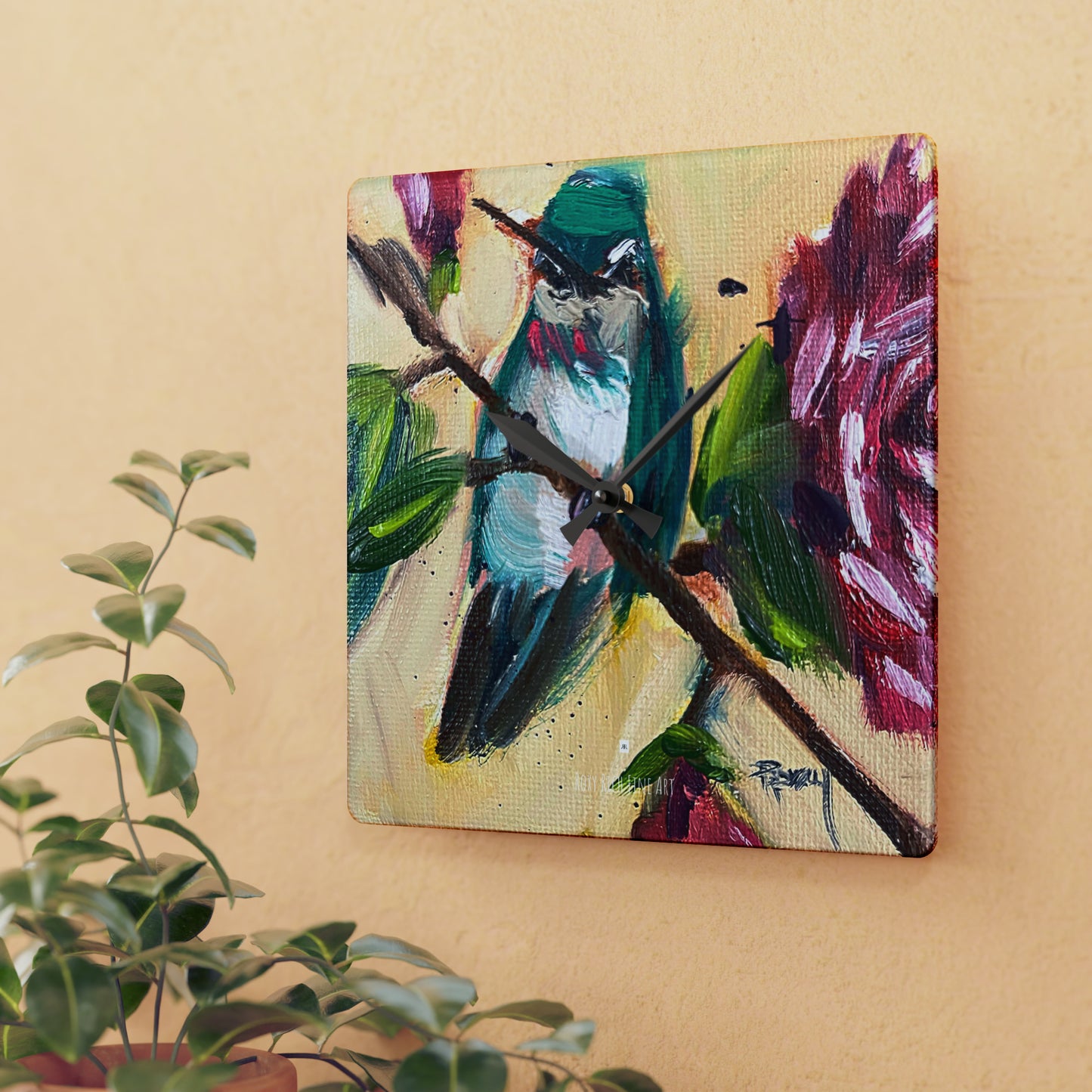 Hummingbird on a Rose Bush Acrylic Wall Clock