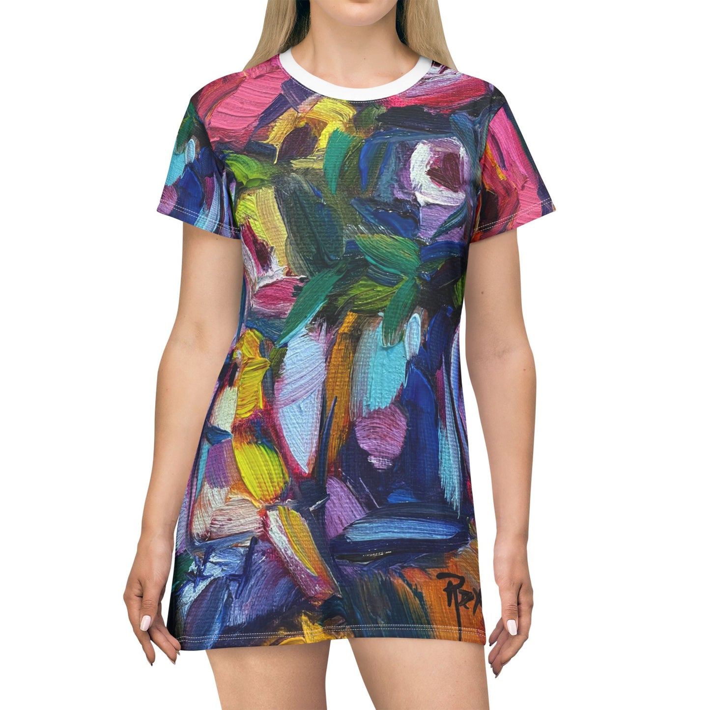 T-Shirt Dress (AOP)-Abstract Roses and Tit Bird