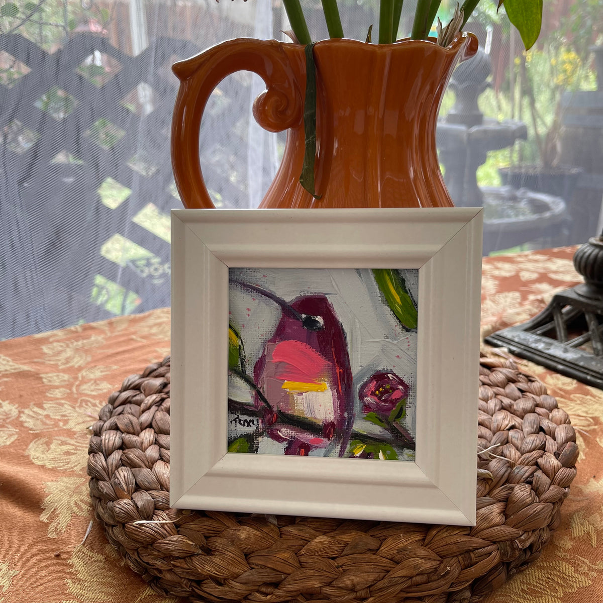Colorful Hummingbird #1 Original Oil Painting 4x4 Framed