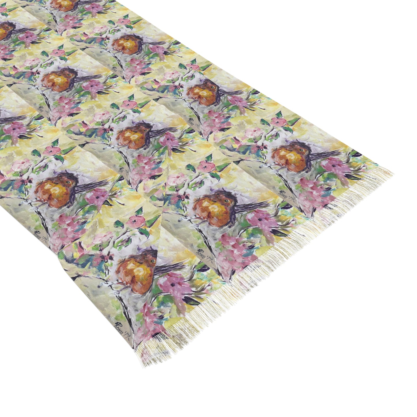 Colorful Scarf — Artistic Lightweight Neck Wrap- Abstract Robin in Cherry Blossoms