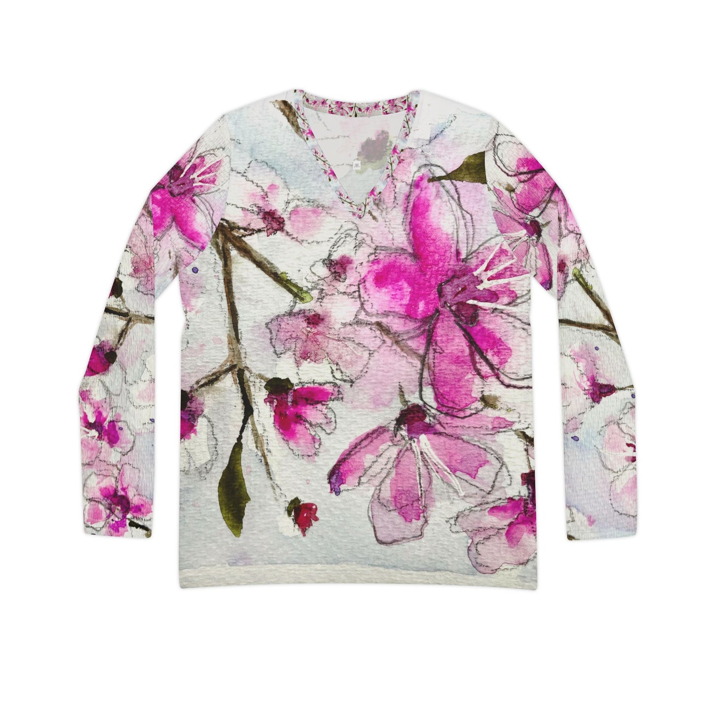 Long Sleeve Shirt-Watercolor Cherry Blossoms- V-neck Women's