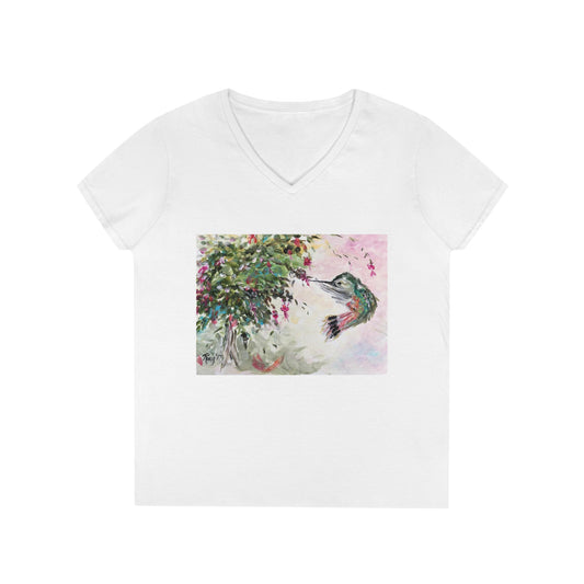 Colibri avec Fuchsias T-Shirt Col V Femme