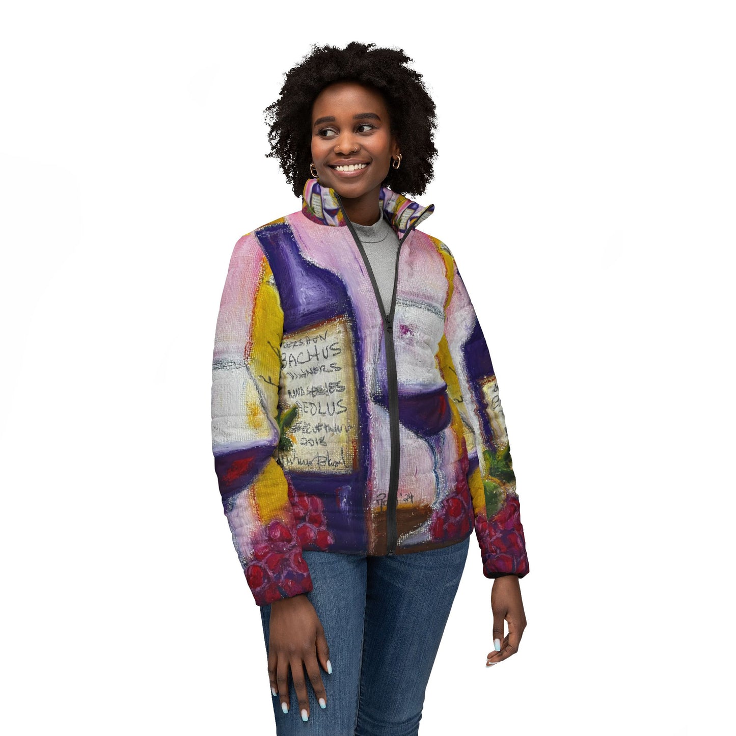 Women's Puffer Jacket - Roxy Rich Fine Art Design-Aeolus GBV Wine and Clique Glass