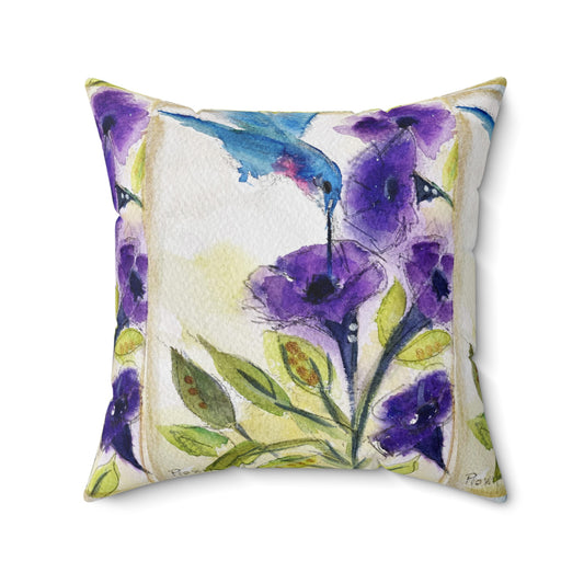 Colibri bleu avec fleurs en tube violet Oreiller carré en polyester filé d’intérieur