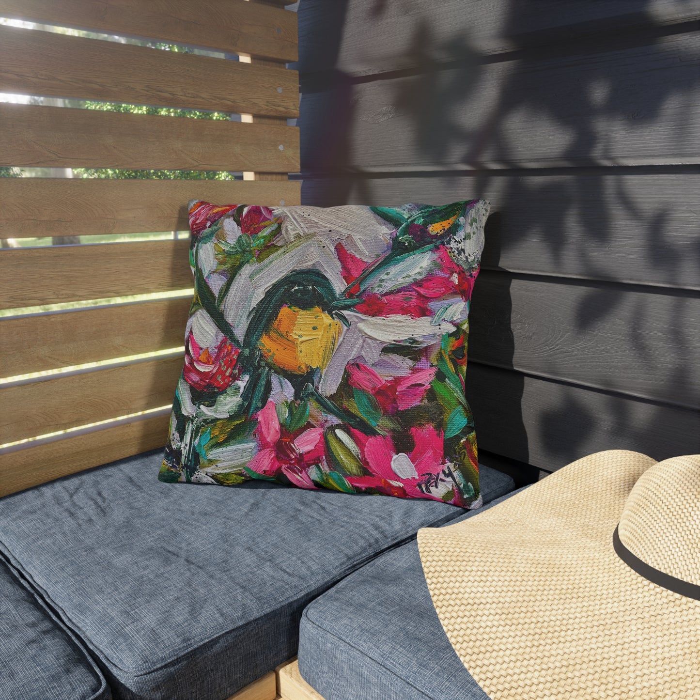 Outdoor Pillows-Colorful Encounter Goldfinch and Hummingbird