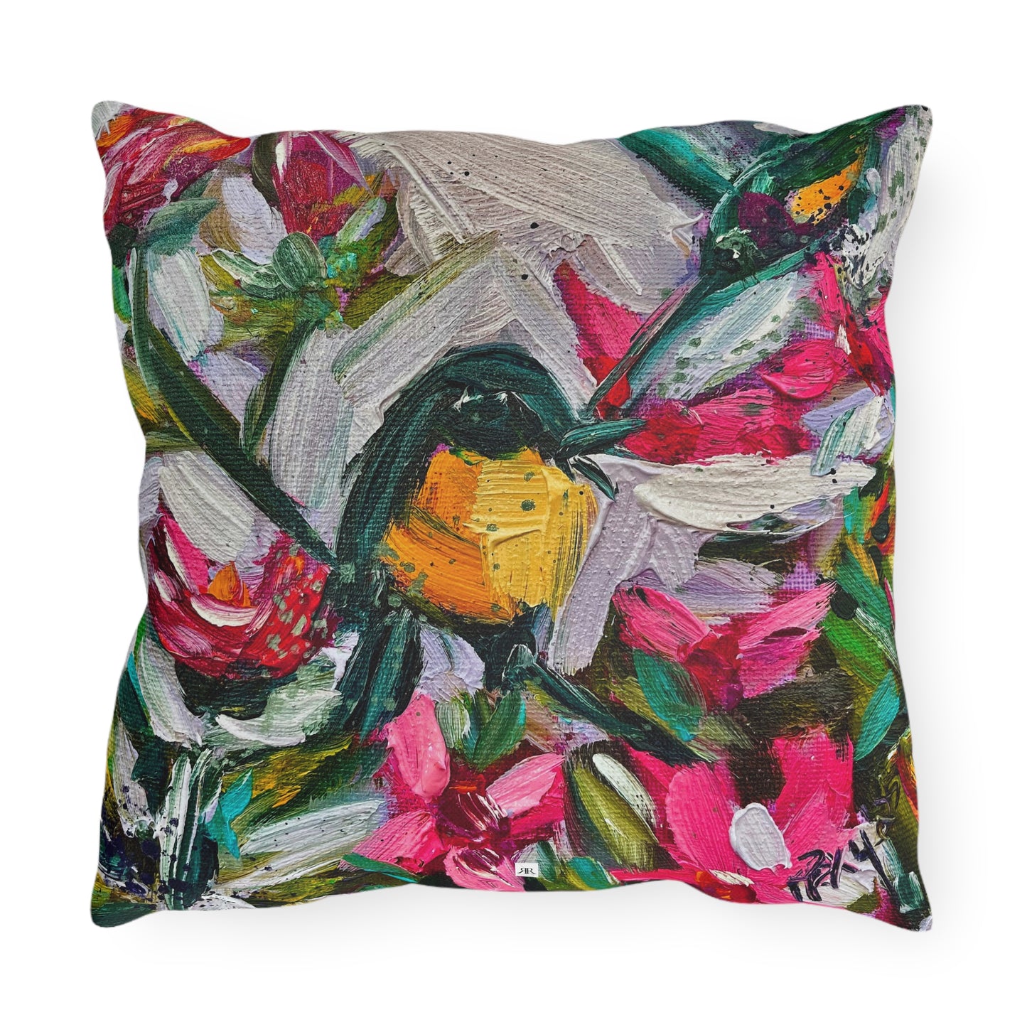 Outdoor Pillows-Colorful Encounter Goldfinch and Hummingbird