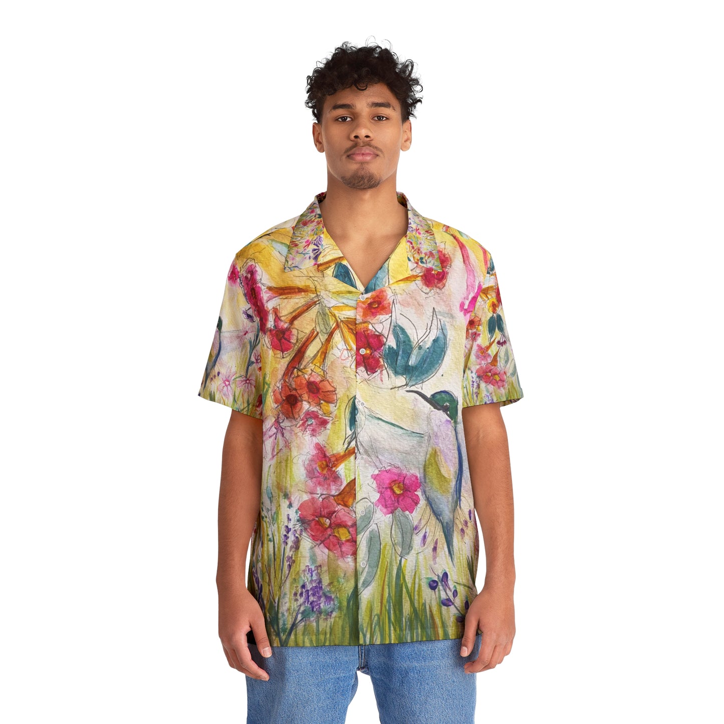Colibrí en tubo flor jardín camisa hawaiana para hombre
