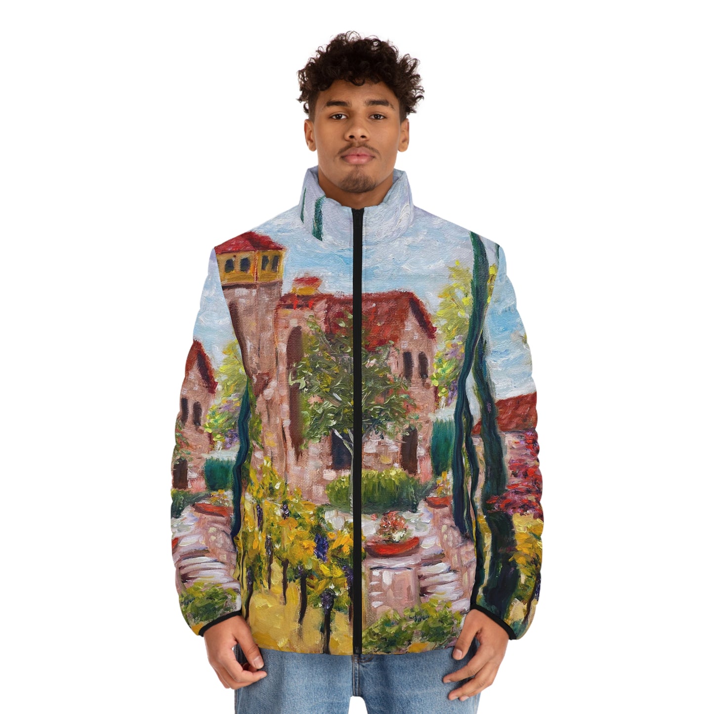 Men's Puffer Jacket - Roxy Rich Art, Unique Bright Colors-Lorimar Winery in Autumn