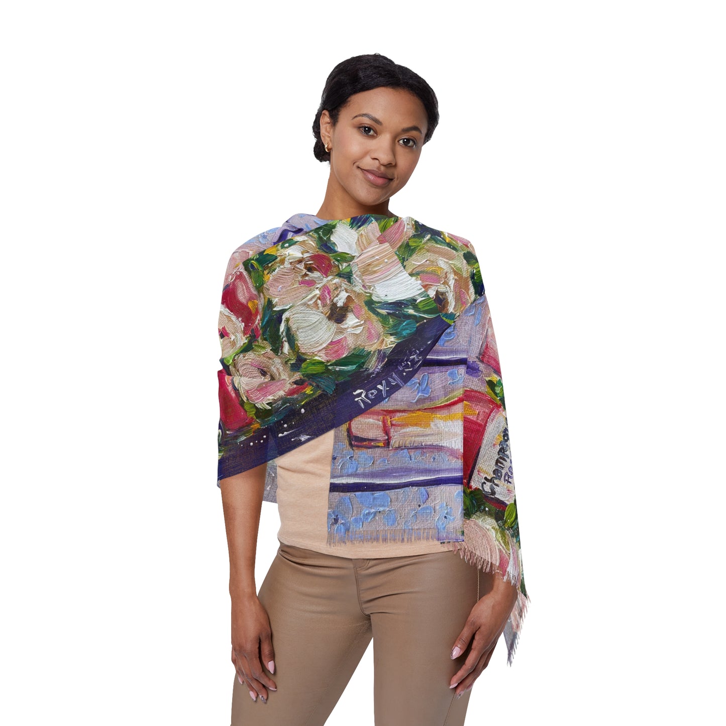 Colorful Scarf — Artistic Lightweight Neck Wrap- Pink Champagne and Peonies