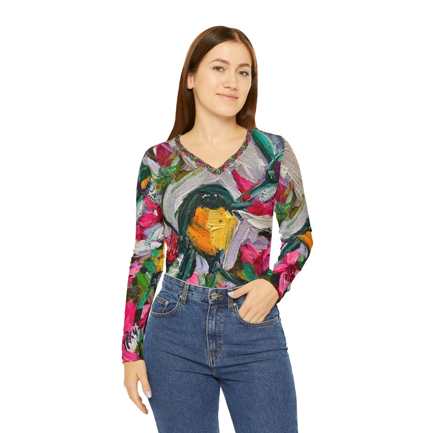 Women's Long Sleeve V-neck Shirt -Colorful Encounter-Goldfinch with Oleander Blooms