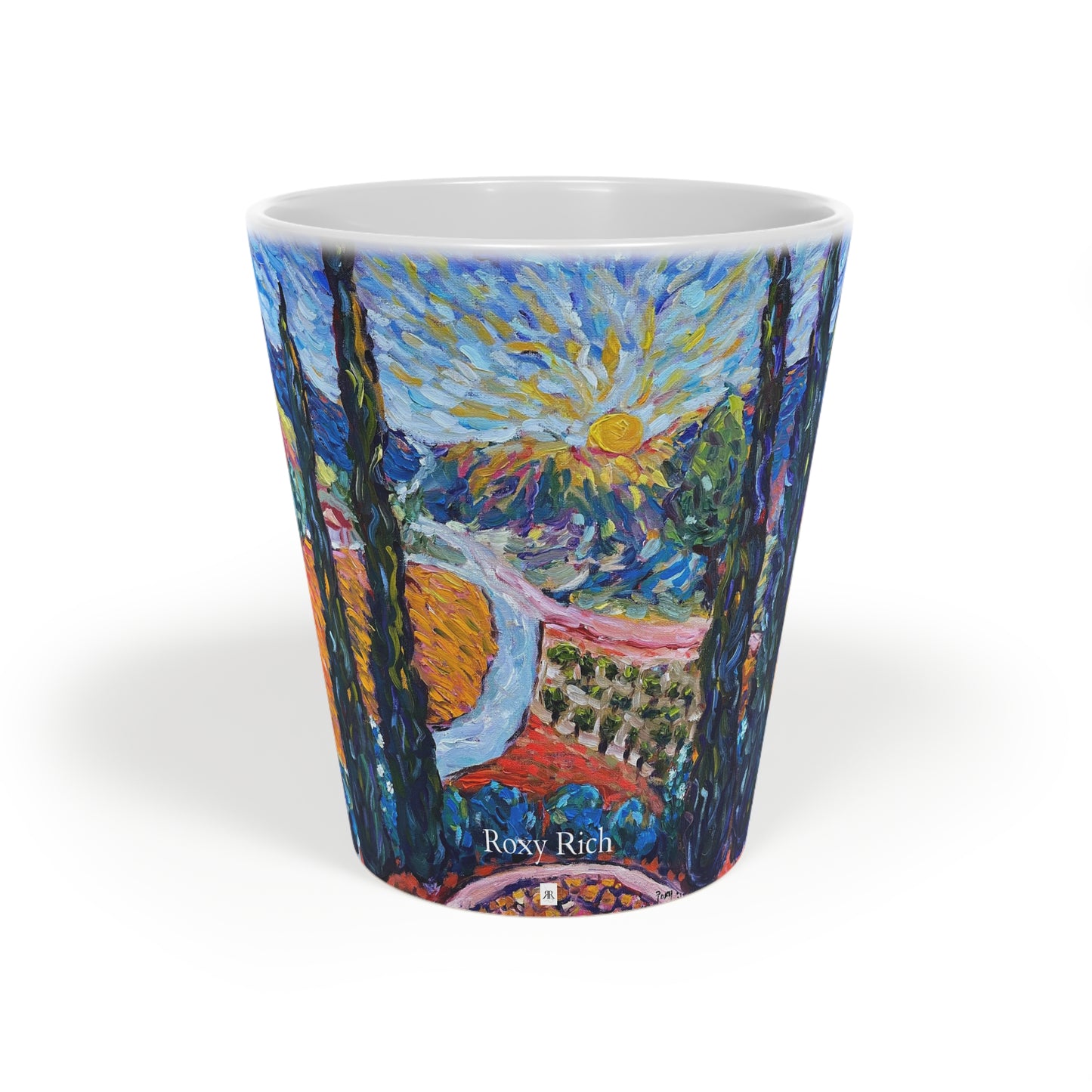 Taza de café con leche Sunny Cypresses, 12 oz