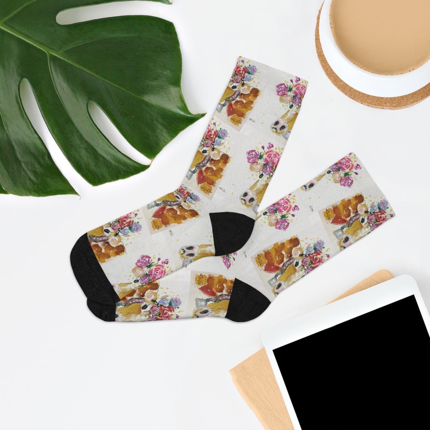 Adorable Whimsical Cow with Roses on Head Socks