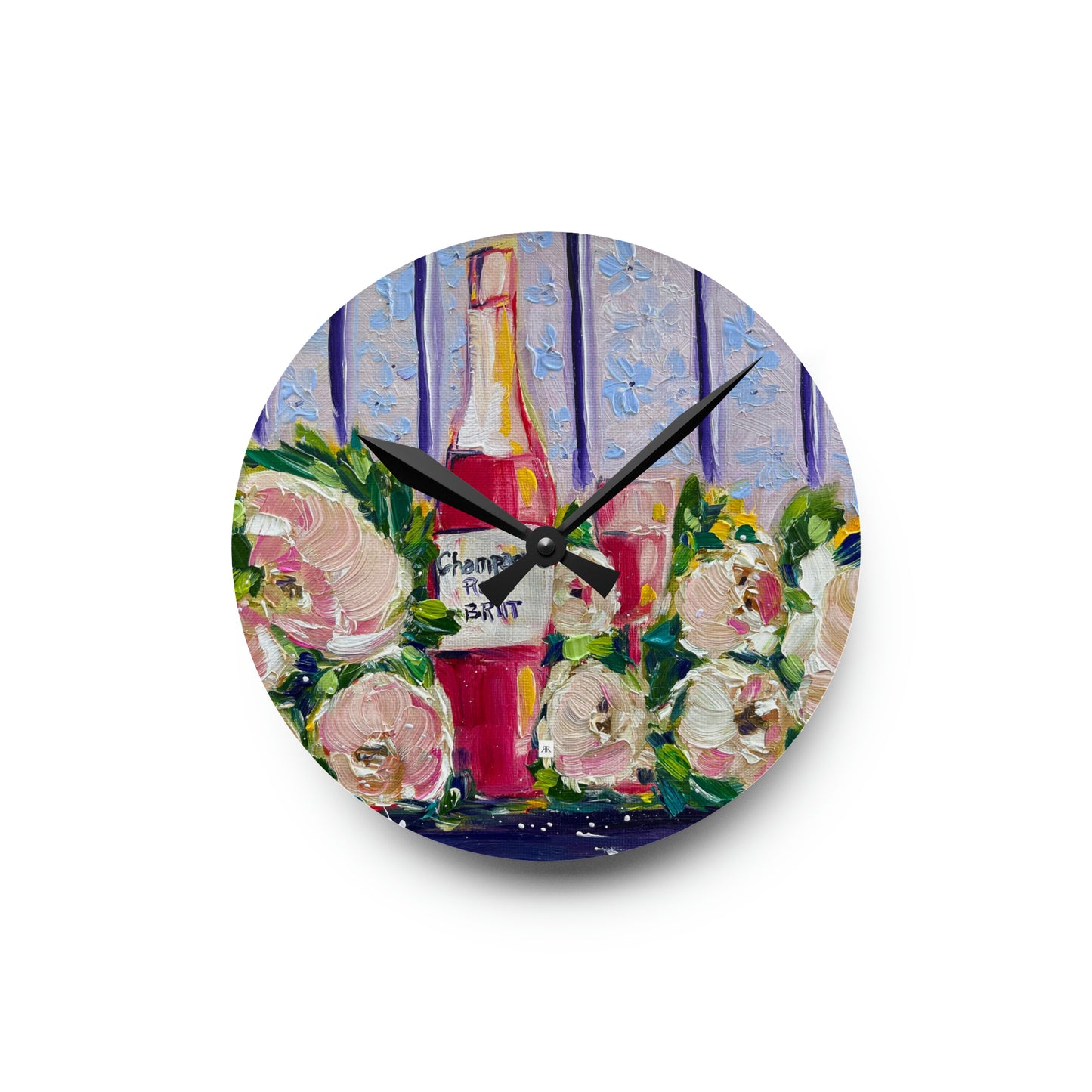 Champagne rose et pivoines - Horloge murale en acrylique 