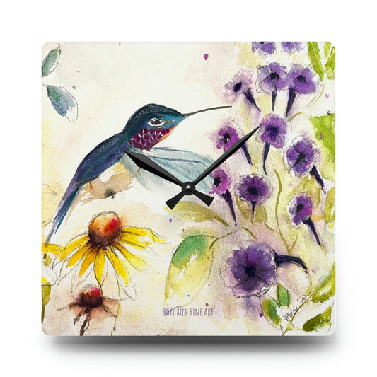 Reloj de pared acrílico con forma de colibrí feliz con trompeta morada y arbusto de vid 