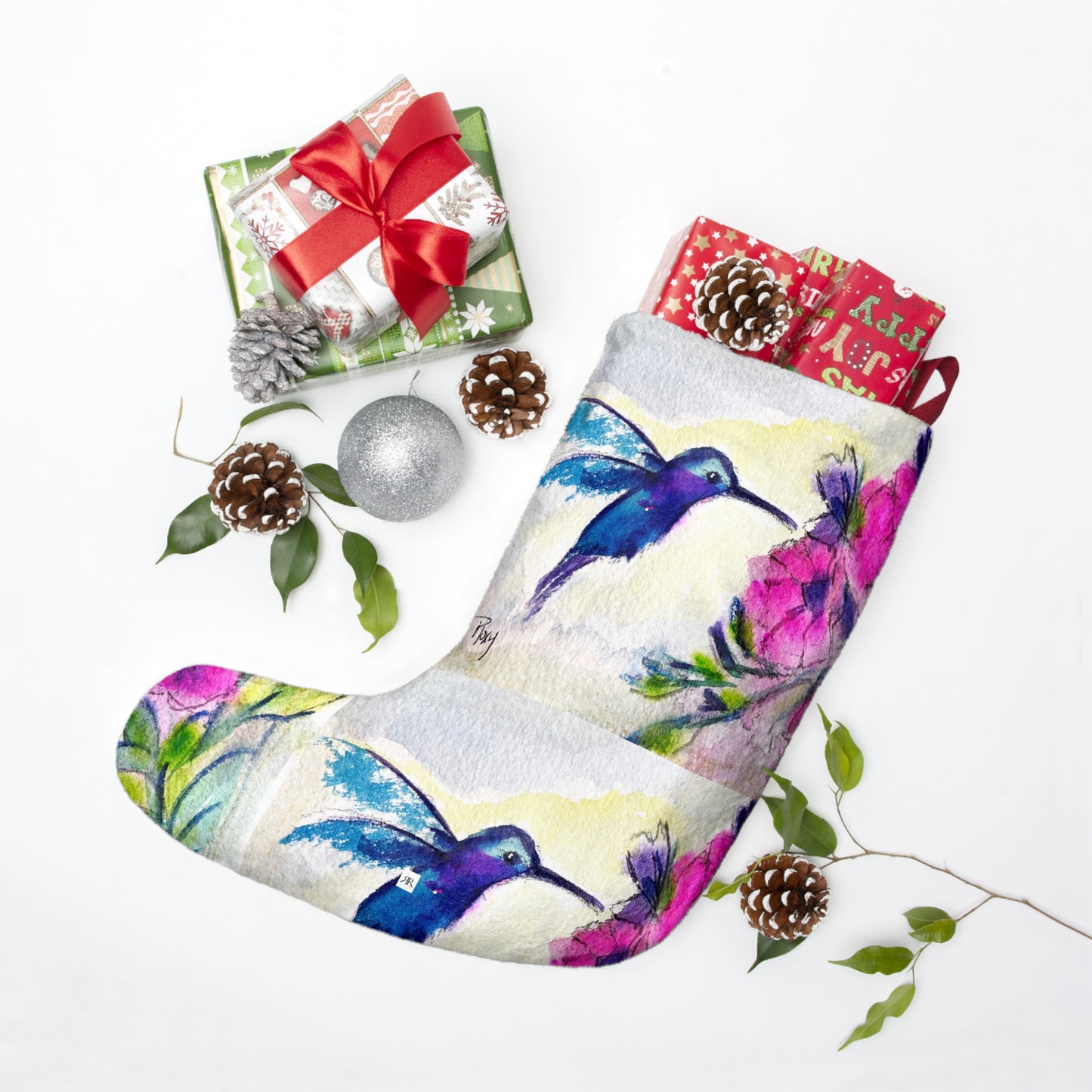 Hummingbird with Pink Flowers Christmas Stocking