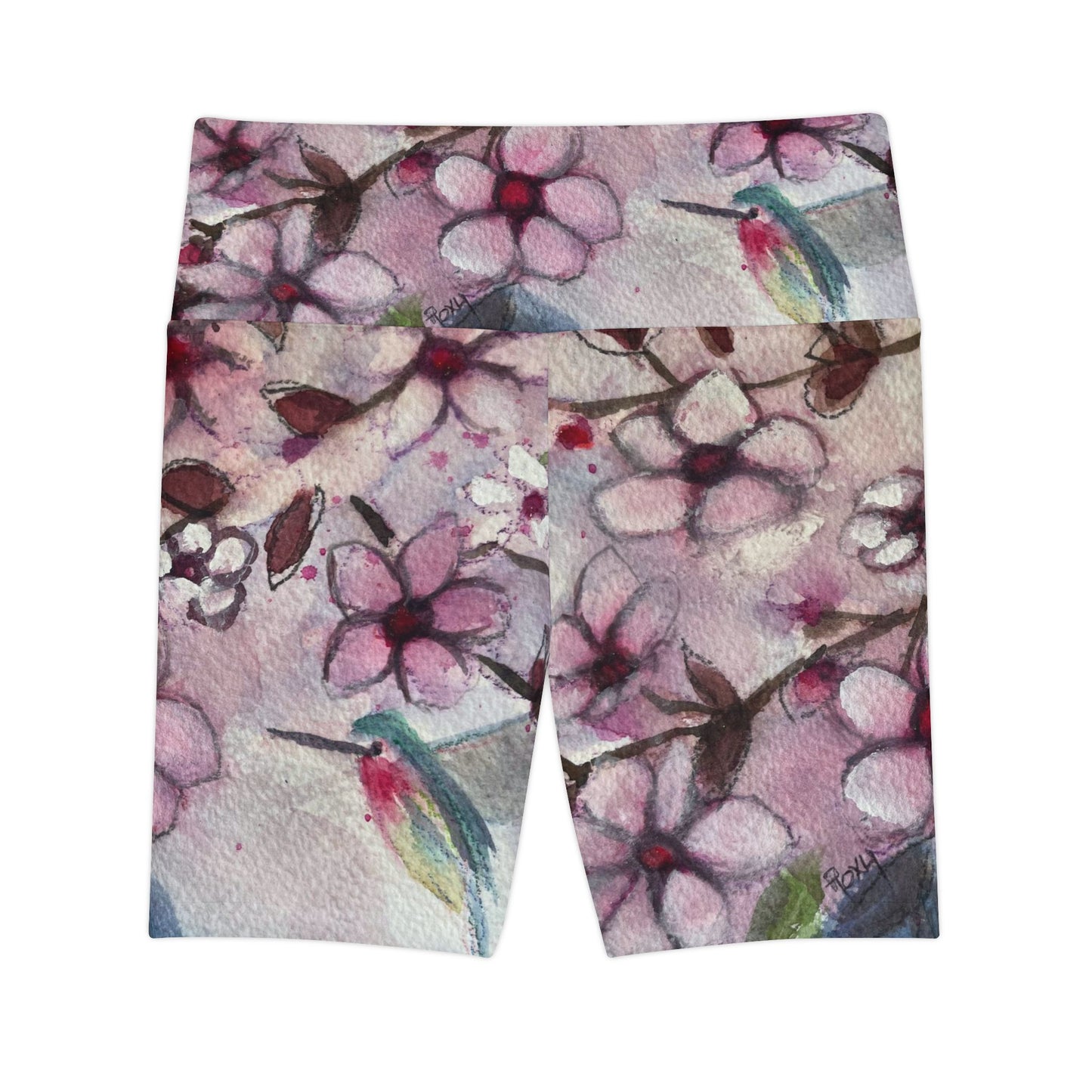 Women's Workout Shorts -Hummingbird in Cherry Blossoms