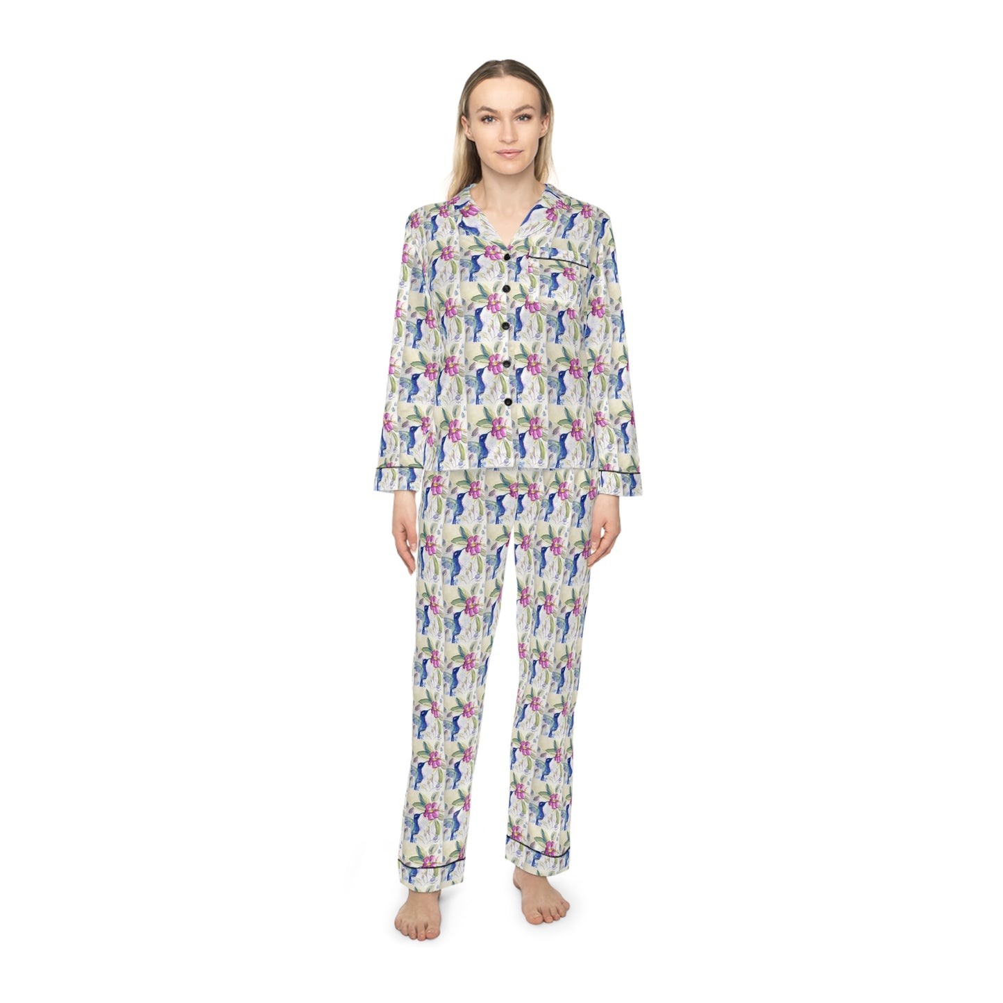 Satin Pajamas — Luxurious Silky Sleepwear Set- Hummingbird in Spring