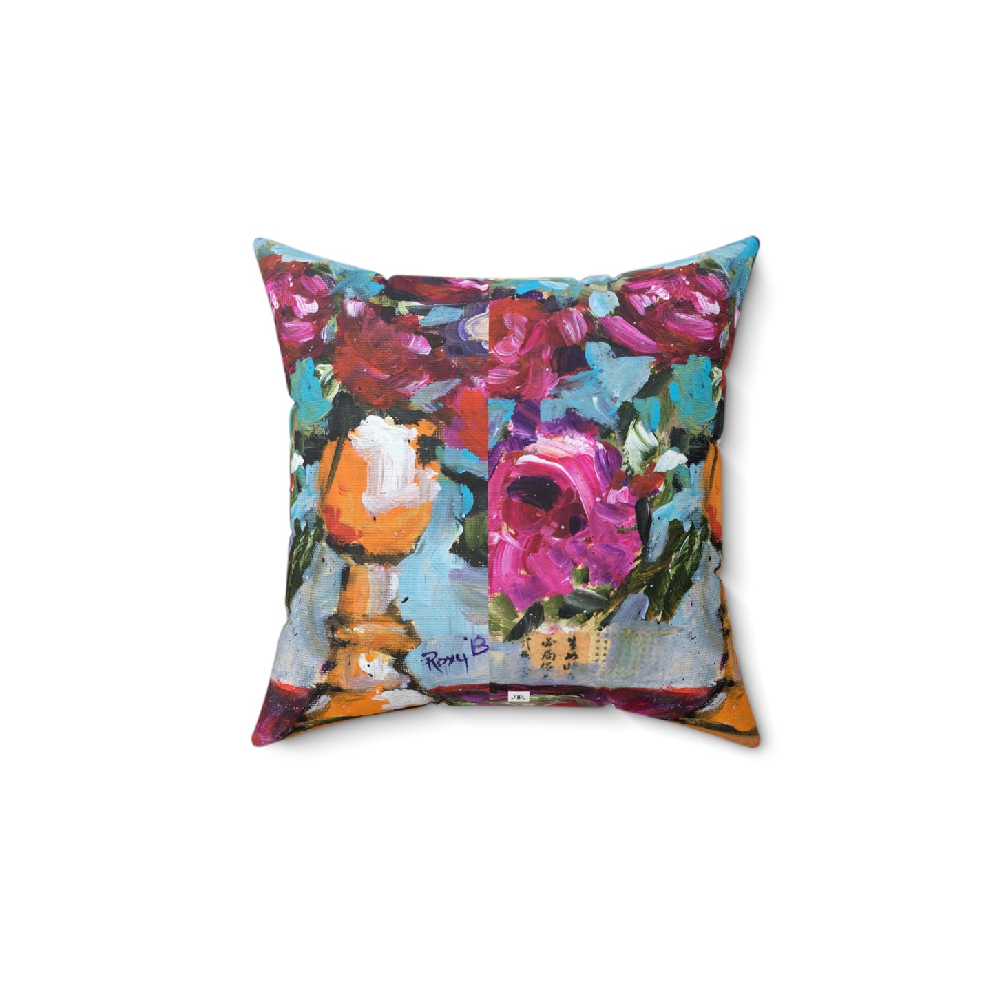 Pink Roses in an Orange Goblet Indoor Spun Polyester Square Pillow