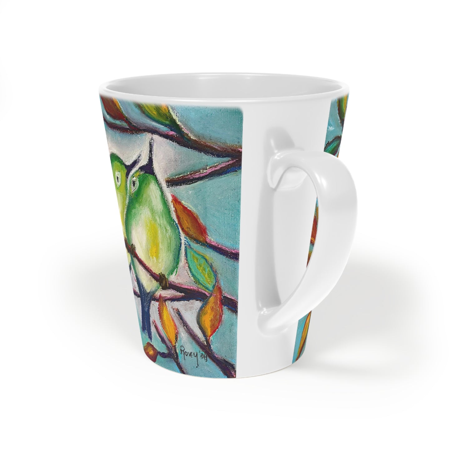 Parulines câlines mignonnes « Toi et moi assis dans un arbre... » Tasse à latte, 12 oz