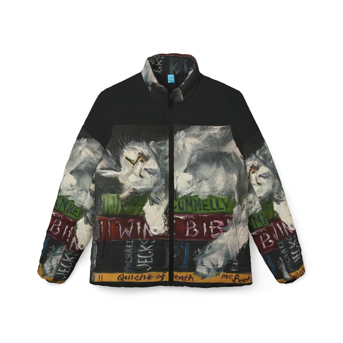 Women's Puffer Jacket - Roxy Rich Fine Art -Bibiliocat Cat Sleeping on Books